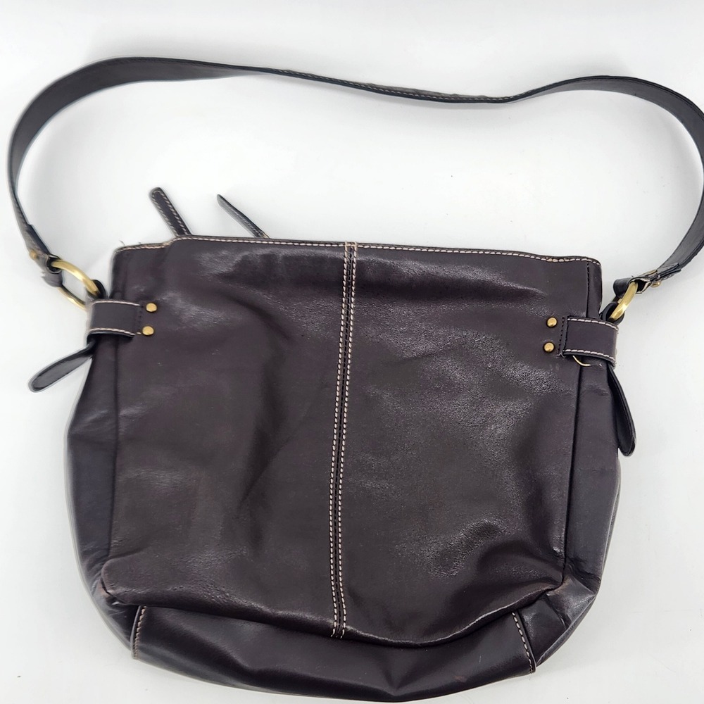 GH Bass & Co Dark Brown Leather Shoulder Bag Hobo Contrast Stitch Brass Hardware